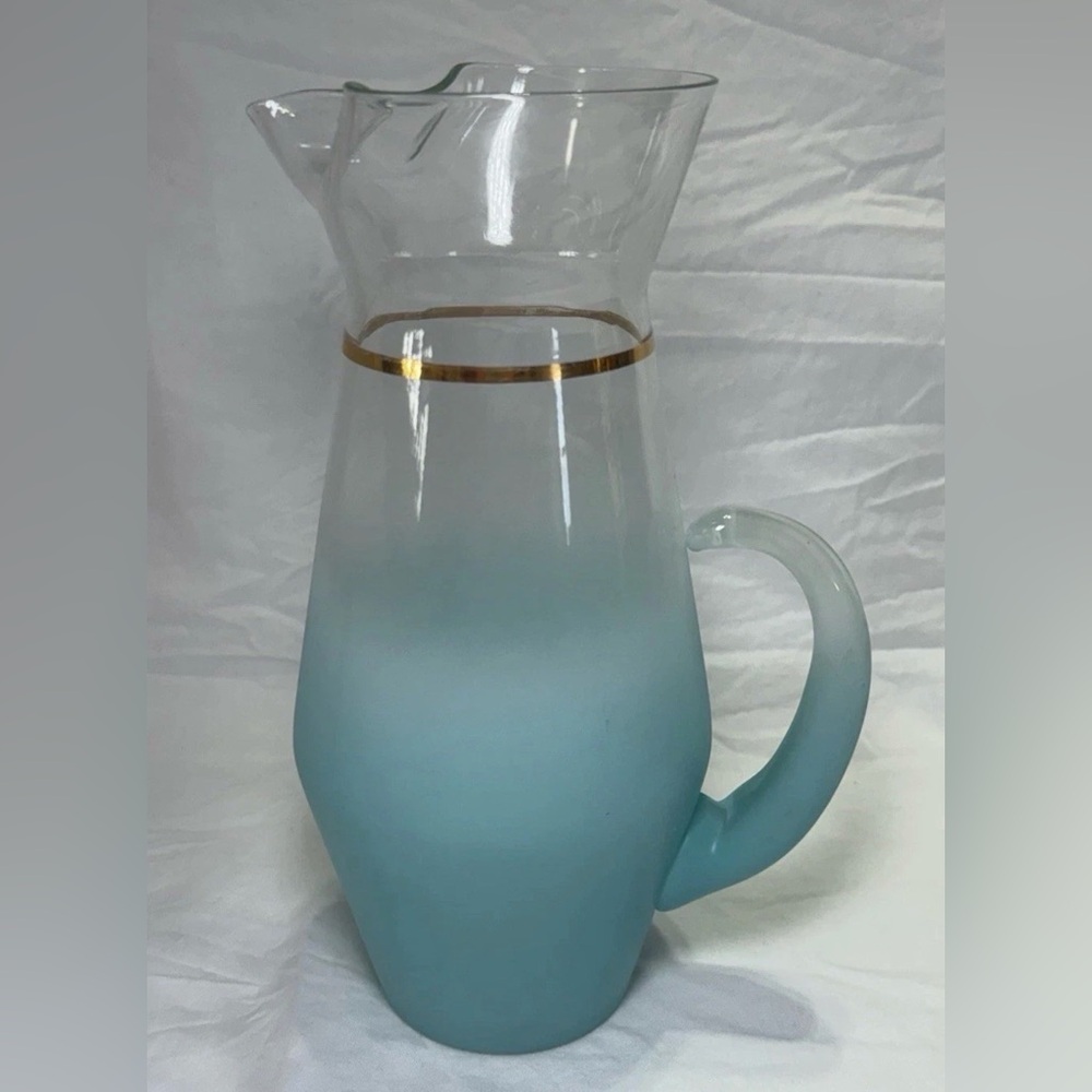 Vintage Blendo Turquoise Blue Glass Pitcher Mid Century Modern 9.5"1.25 Qt